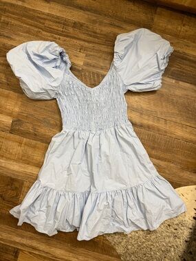 Light Blue Puff Sleeve Smocked Dress
